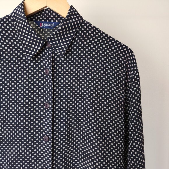 Vintage silk polka dot button down blouse navy, white - Picture 5 of 11